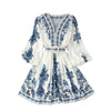 Autumn Women's V-neck Long Sleeved Bohemian Printed Dress Retro Lantern Sleeve Chinese Style Blue White Porcelain Dress