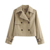 Autumn Women Solid Cropped Trench Coat Vintage Double Breasted Long Sleeve Short Jacket Lapel Collar Windbreaker