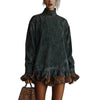 Turtleneck Leopard Trim Dress for Women's Long Sleeve Suede Velvet Flare Sleeve Casual Retro Loose Straight Mini Dresses