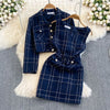 Autumn Dress Suit Women Korean Chic Blue Tweed Jacket + Vest Dress Elegant 2 Piece Set Long Sleeve Cropped Coat
