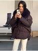 Thichen Winter Padded Coat Women Faux Fur Collar Belted Waist Tie Loose Oversized Quilted Jacket Warm Outerwear Daily Streetwear