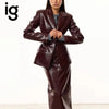 IG Women Burgundy Croc Faux Leather 2 Piece Suit Set Notched Lapel Slim Blazer Jacket High Waist Midi Pencil Skirt Elegant