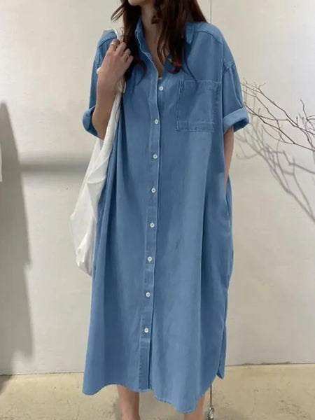 Autumn Collection Women's Cowboy Long Dress Loose Single Breasted Flip Collar Casual Medium Long Shirt Dress