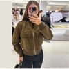 Women's Cropped Bomber Jacket Stand Collar Zipper Patch Pocket Rib Trim Long Sleeve Short Coat Vintage Autumn Casual Outfit