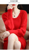 Autumn Winter 100% Mink Cashmere Knit Long Skirt Women Scoop Neck Knee-length Dress Casual Warm Jumper Cashmere Base Shirt Top
