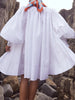 Women's White Stand Collar Pleated Mini Dresses Long Puff Sleeves Buttoned Oversized Casual Cotton Shirts Dress