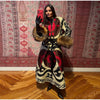 Vintage Ethnic Geometric Print Coat Women Belted Waist Faux Fur Cuff Patchwork Open Front Maxi Robe Autumn Winter Chic Cardigan