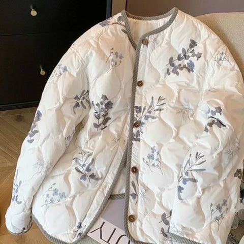 Vintage Floral Printed Cotton Coat Women's Clothing Warm Autumn Winter Cotton-padded Jacket Light Thin Tops Long Sleeve