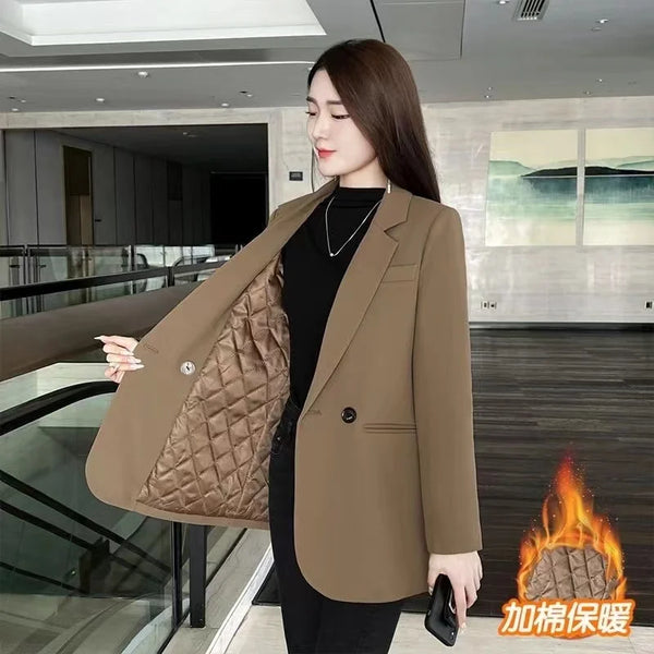 Women Autumn and Winter Blaze Black Cotton Lined Warm Suit Jacket Women's Korean Street Bombing Suit Coat