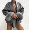 Women's Solid Lapel Woolen Coat Elegant Full Sleeves Lace Up Loose Patchwork V-neck Overcoat Winter Office Commute Jacket