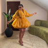 Women Organza Puff Mini Dress V Neck Lantern Long Sleeve Ruched Waist Bubble Hem Short Cocktail Dress Wedding Guest Party Dress