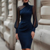 Women Mock Neck Mesh Long Sleeve Midi Dress Asymmetric Ruched Waist Slim Bodycon Elegant Wedding