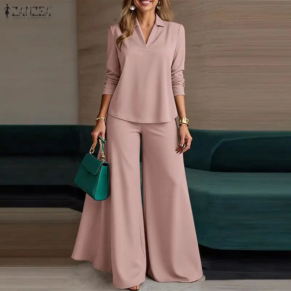 Women 2 Piece Pant Sets Minimalist V-Neck Long Sleeve Blouses and Wide Leg Pants Suits Commuting Woman Outfits