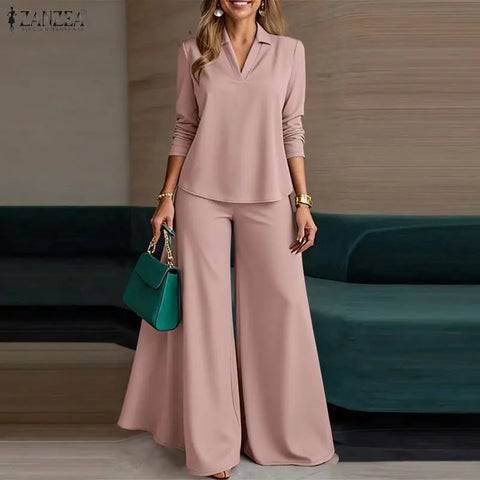 Women 2 Piece Pant Sets Minimalist V-Neck Long Sleeve Blouses and Wide Leg Pants Suits Commuting Woman Outfits
