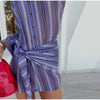 Women Chic Vacation Outfits Striped Print Sheer Chiffon Shirt Casual Turn-down Collar Mini Dress & Detachable Scarf