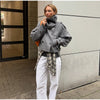 Grey Lapel Woolen Blend Short Coat Women Solid Single Breasted Long Sleeves Pockets Loose Jacket Lady Autumn Street Outerwear