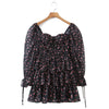 Autumn Women Vintage Floral Print Chiffon Dress Sexy Semi-Sheer Long Sleeve Layered Ruffle Ladies Short Dress