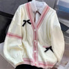 Sweet Bow Decor Knit Cardigan Women V‑Neck Plaid Cable Knit Loose Preppy Style Pink Striped Sweater Coat