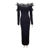Elegant Embroidered Flares Dress for Women Off Shoulder Feather Slim Party Cocktail Wedding Guest Plus Size Long Dresses