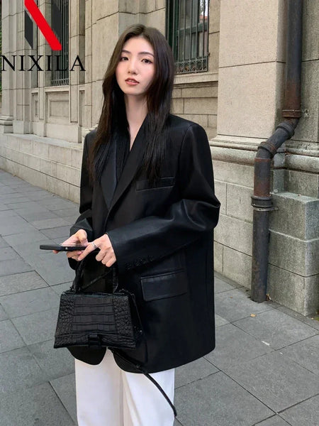 Spring Autumn Elegant PU Leather Office Jacket Long Sleeve Blazer Slim Fit with Lapel Flap Pockets for Women Clothing