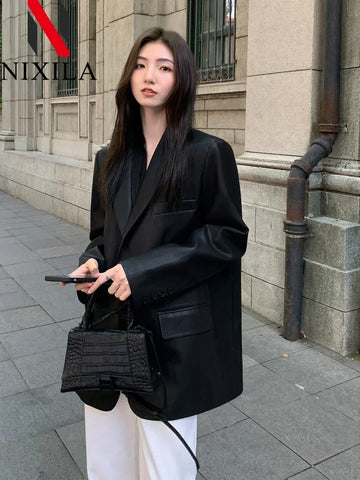 Spring Autumn Elegant PU Leather Office Jacket Long Sleeve Blazer Slim Fit with Lapel Flap Pockets for Women Clothing