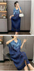 Pleated Faux Denim Dress Women's Chic Single Breasted Lapel Half Sleeve Mid-Length Dresses Loose Casual 2DB4371