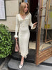 Ruffled Patchwork Knit Maxi Dress For Women Elegant Ribbed Long Sleeve Party Dress Gown Slim Knitwear Long Dress