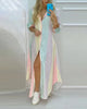 Women Lapel Collar Long Sleeve Leaf Print Button Front Split Maxi Shirt Dress Casual Daily Commuter Cover Up