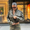 Winter Faux Leather Bomber Jacket Women Short Zipper Front Lapel Outerwear Multiple Pockets Warm Jackets