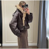Ladies Winter Retro Fur Collar Leather Jacket V‑Neck Full Lapel Long Sleeve Double Breasted Urban Warm Casual Outer