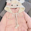 Pink Kawaii Lolita Style Women Parka Japanese Cute Embroidery Bunny Ears Hooded Jacket Loose Plush Velvet Lined Down Padded Coat
