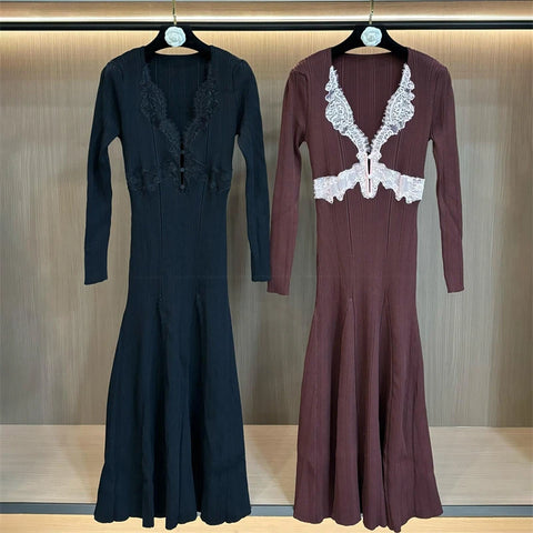 Spring Women's Square Collar Lace Splice Long Sleeve Knitted Dress Sexy Slim Fit Long Tail Fish Skirt
