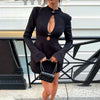 Sexy Plunge Hollow Out Dress Black Striped Slim Long Sleeve Mini Dress Female High Street Party Clubwear Dress