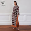 Geometric Print Women Maxi Dresses Long Flare Sleeve Feather Fringe Trim Side Slit Dress Elegant Party Vintage Ladies Dress