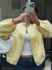 Women Yellow Jacquard Bomber Jacket Round Neck Zipper Long Sleeve Loose Cropped Coat Lady High Street Daily Outerwear