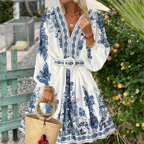 Autumn Women's V-neck Long Sleeved Bohemian Printed Dress Retro Lantern Sleeve Chinese Style Blue White Porcelain Dress