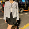 French White Tweed Crop Jacket for Women Autumn Elegant Slimming Decor Button Coat Woman Round Neck Long Sleeve Outerwear