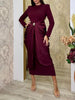 Sexy Evening Party Black Color Midi Dress for Women O Neck Long Sleeve Pachwork Metal Buckle Folds Bodycon Dresses Female