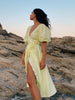 100% Cotton V-neck Waist Cinched Dress Unique Lantern Sleeve Sexy Slit Long Skirt Women's Casual Dresses