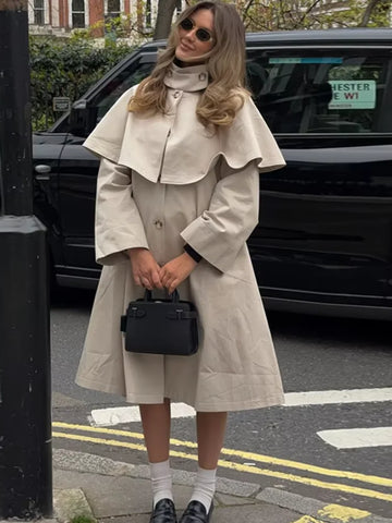 Detachable Cape Collar Long Trench Coat Single Breasted Buttons Smooth Loose Jacket Women Autumn Chic Elegant Casual Coats