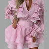 Solid Ruffle Mini Dress U Neck Long Puff Sleeve Tie Neck Tiered Hem Sweet Style Gown Soft Pastel Tones Chic Women Outfit