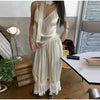 Women Pant Set Satin Lace Round Neck Puff Long Sleeve Button Front Drawstring Waist Blouse Cuffed Ruffle Hem Pants Elegant Suit