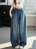 Women's High-Waisted Barrel Jeans Curved Leg Denim Contrast Stitching Vintage Wash Horseshoe Pants S-3XL