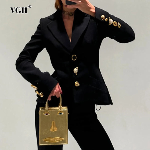 Solid Patchwork Bandage Designer Coat for Women Notched Collar Long Sleeve Spliced Irrgular Metal Buckles Slim Jacket Female