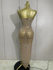 Sparkly Silver Rhinestones Mesh Stretch Long Dress Women Sexy Eveing Celebrate Birthday Party Nightclub Bar Stage Costume