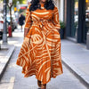 Plus Size Women Leaf Print Midi Dress, 3/4 Sleeve Tie Waist A Line Flowy Dress With Pockets