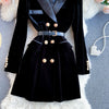 Autumn Winter British Style Double breasted Slim Velvet Dress Femme Vintage Elegant Solid Color Lapel Collar Vestido