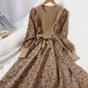 Autumn Winter Korean Patchwork Bandage Long Sleeved Knitted Dress Women's Slim Sweet Corduroy Flower Dresses