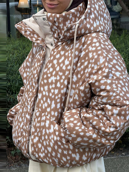 Vintage Reversible Spotted Print Cotton Coat Women Chic Hooded Drawstring Stand Collar Female Coat Winter Lady Outerwear
