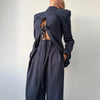 Pinstripe Women's Blazer Coats Back Cut Out Tie Long Sleeve Jackets for Woman Lapel Collar Navy Striped Suit Jacket Office Chic